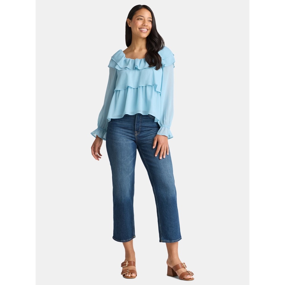 Time and Tru Caspian Blue Ruffle Tiered Long Sleeve Blouse Top M 8-10